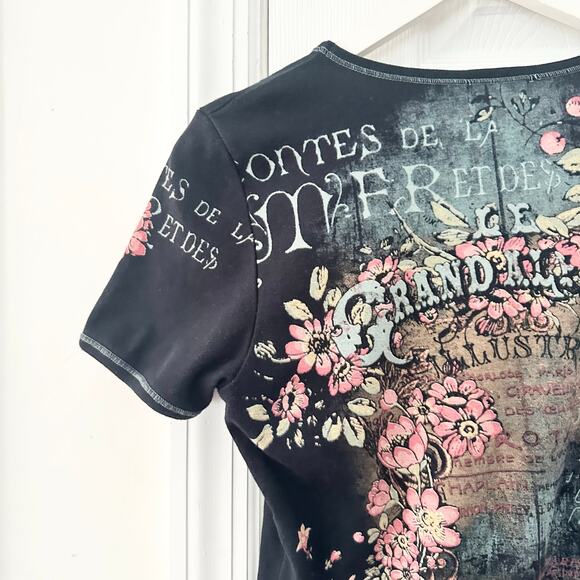 Jamee J Vintage USA Y2K Black Grand Ale Dark Romantic Baby Tee Top Large French - Picture 7 of 9